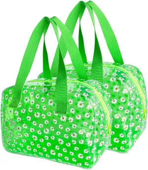 2 Packs Grass Green Clear Daisy Handbag and Travel Cosmetics Pouch with Handle,Durable Waterproof PVC Versatile Zipper Makeup Case