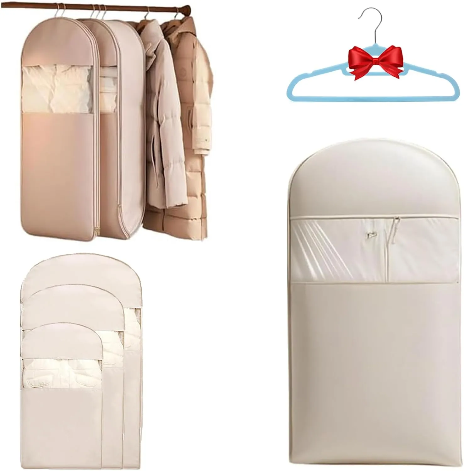 2025 Space Saving Hanging Garment Bag with Self Compression Zipper, Space Saving Garment Bag with Compression Zipper, Dust Cover Clothes Bags for Closet Storage (Beige, Large)