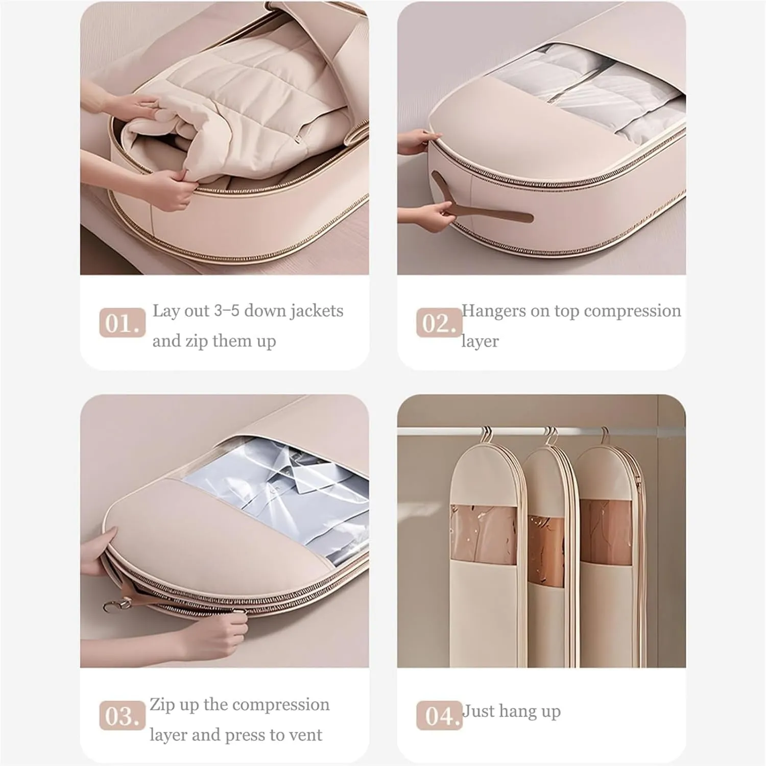 2025 Space Saving Hanging Garment Bag with Self Compression Zipper, Space Saving Garment Bag with Compression Zipper, Dust Cover Clothes Bags for Closet Storage (Pink, 3PCS(M L XL))