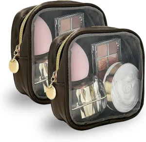 2PCS Brownish Black Cosmetic Bag and Travel Pouch-Durable PVC Material,Versatile,Zipper Design for Smooth Sliding-Ideal for Makeup,Travel Essentials