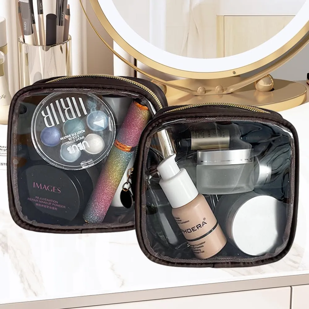 2PCS Brownish Black Cosmetic Bag and Travel Pouch-Durable PVC Material,Versatile,Zipper Design for Smooth Sliding-Ideal for Makeup,Travel Essentials