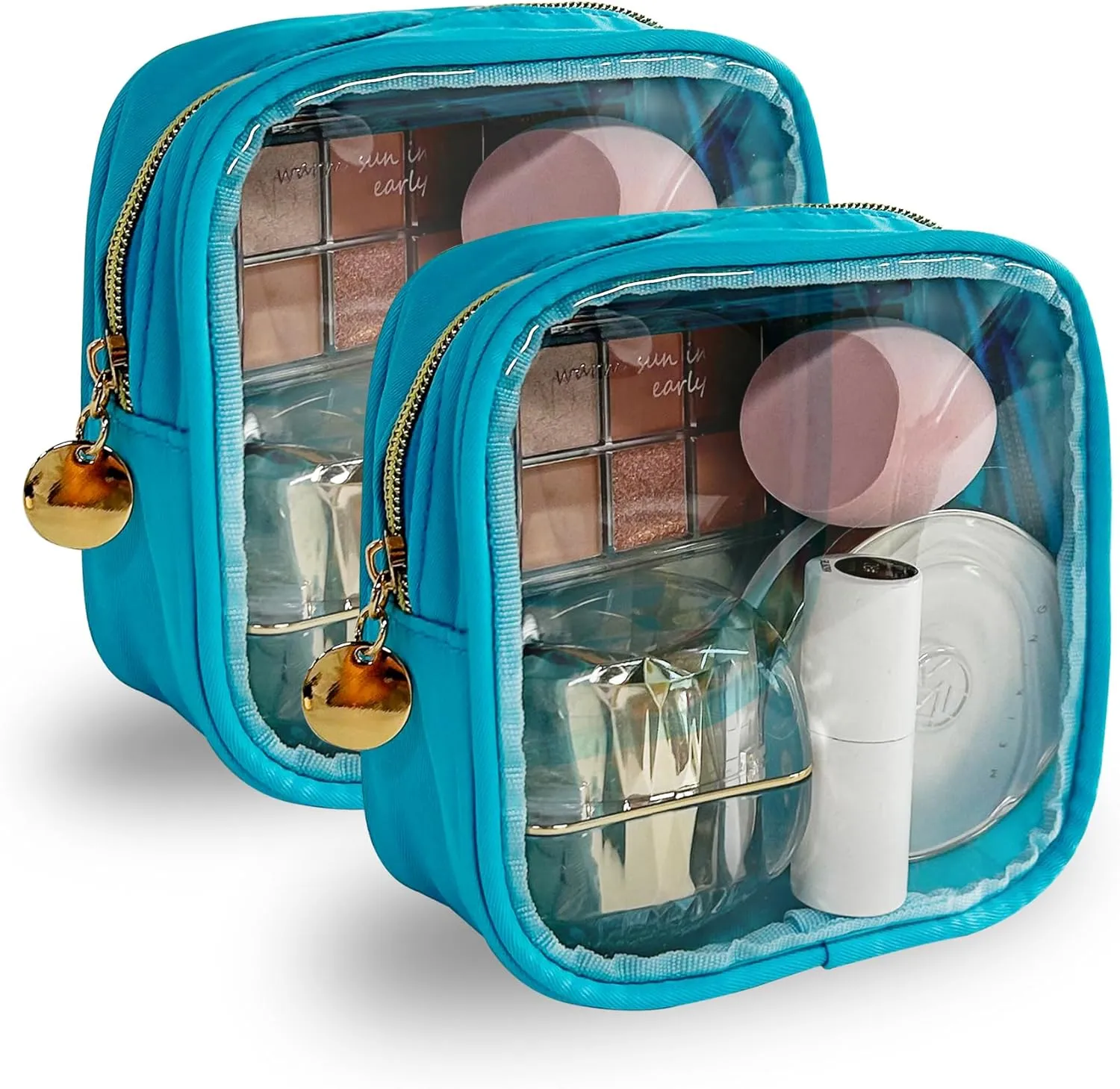 2PCS Cyan Cosmetic Bag and Travel Pouch-Durable PVC Material,Versatile,Zipper Design for Smooth Sliding-Ideal for Makeup,Travel Essentials
