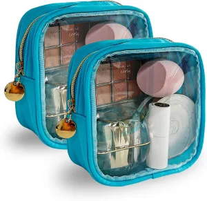 2PCS Cyan Cosmetic Bag and Travel Pouch-Durable PVC Material,Versatile,Zipper Design for Smooth Sliding-Ideal for Makeup,Travel Essentials