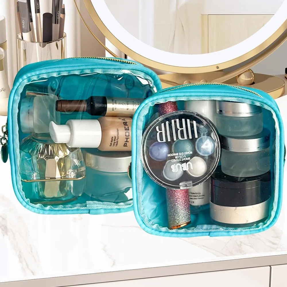 2PCS Cyan Cosmetic Bag and Travel Pouch-Durable PVC Material,Versatile,Zipper Design for Smooth Sliding-Ideal for Makeup,Travel Essentials