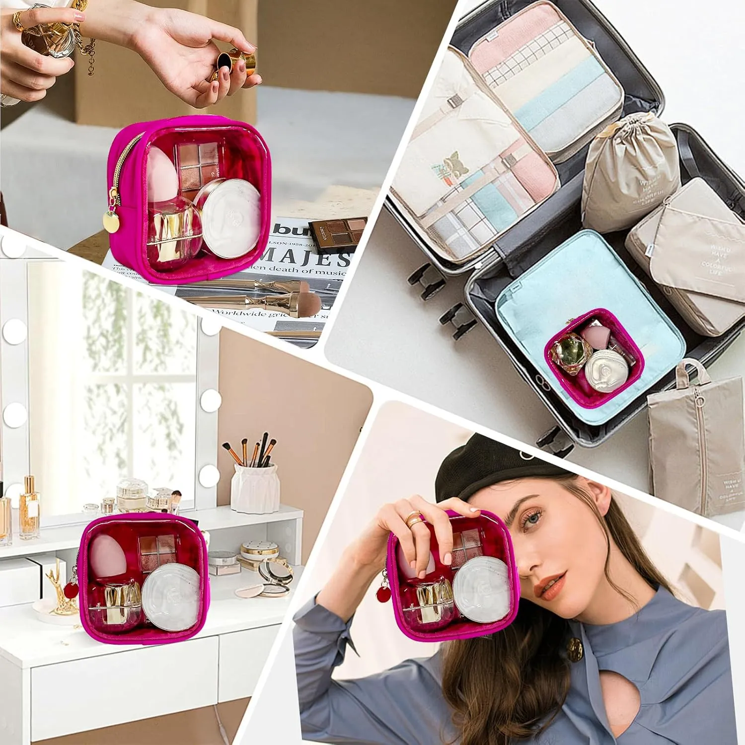2PCS Rose Pink Cosmetic Bag and Travel Pouch-Durable PVC Material,Versatile,Zipper Design for Smooth Sliding-Ideal for Makeup,Travel Essentials