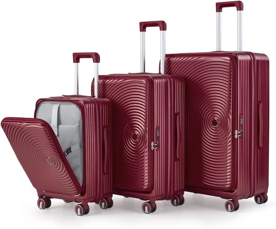3-Piece Expandable Luggage Set (20/24/28 Inch) - TSA Lock Airline Approved Carry-On, 100% PC Hard Shell with Front Pocket & Spinner Wheels, Lightweight Travel Suitcases (WINE RED   PC)