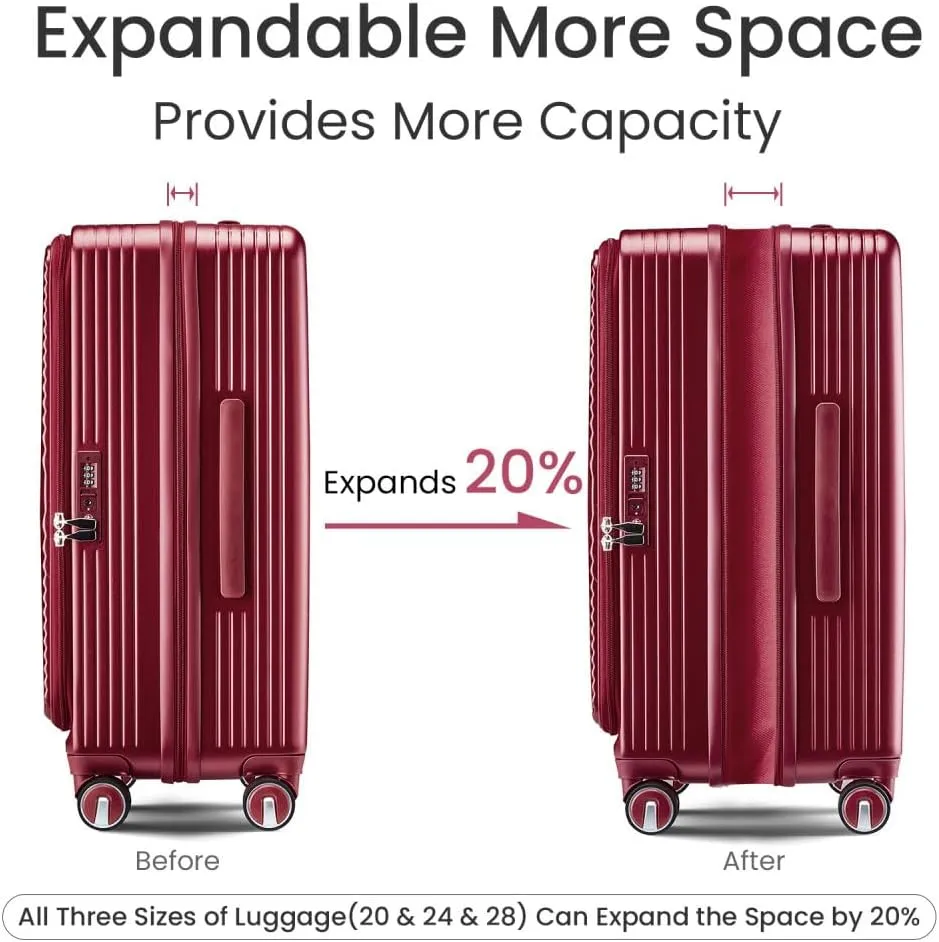 3-Piece Expandable Luggage Set (20/24/28 Inch) - TSA Lock Airline Approved Carry-On, 100% PC Hard Shell with Front Pocket & Spinner Wheels, Lightweight Travel Suitcases (WINE RED   PC)