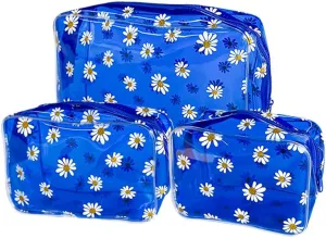 3PCS Blue Daisy Transparent Cosmetic Bag and Travel Pouch-Durable PVC Material,Versatile,Zipper Design for Smooth Sliding-Ideal for Makeup,Travel Essentials