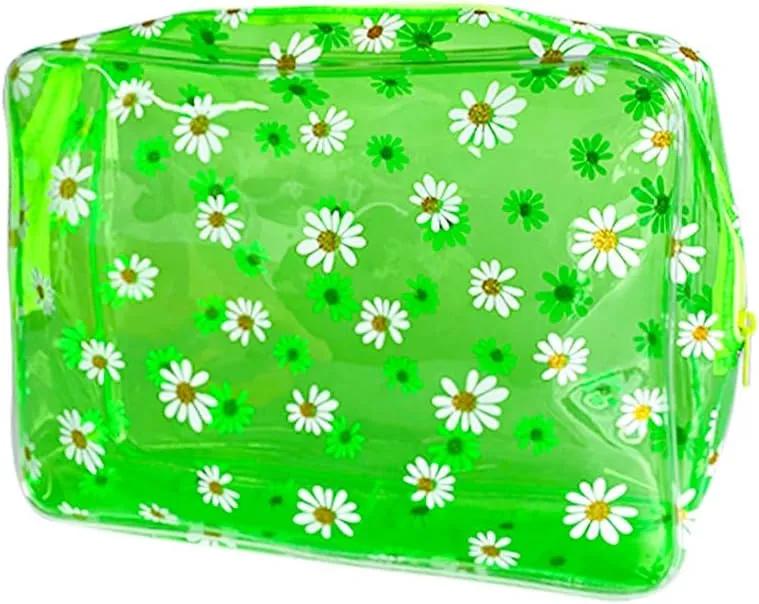 3PCS Fluorescent Green Daisy Transparent Cosmetic Bag and Travel Pouch-Durable PVC Material,Versatile,Zipper Design for Smooth Sliding-Ideal for Makeup,Travel Essentials