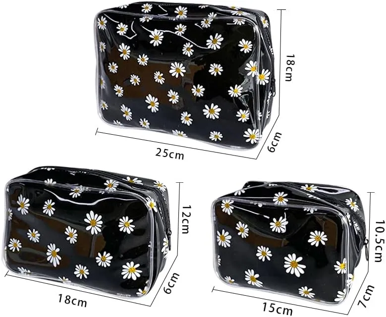 3PCS Fluorescent Green Daisy Transparent Cosmetic Bag and Travel Pouch-Durable PVC Material,Versatile,Zipper Design for Smooth Sliding-Ideal for Makeup,Travel Essentials