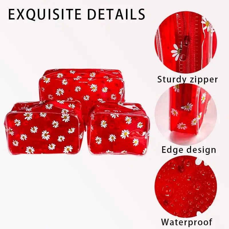 3PCS Fluorescent Green Daisy Transparent Cosmetic Bag and Travel Pouch-Durable PVC Material,Versatile,Zipper Design for Smooth Sliding-Ideal for Makeup,Travel Essentials