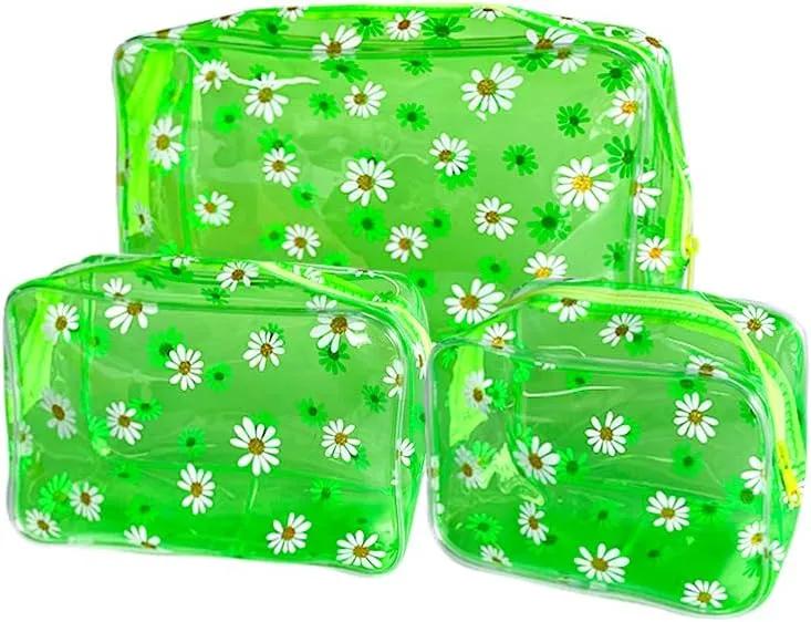 3PCS Fluorescent Green Daisy Transparent Cosmetic Bag and Travel Pouch-Durable PVC Material,Versatile,Zipper Design for Smooth Sliding-Ideal for Makeup,Travel Essentials