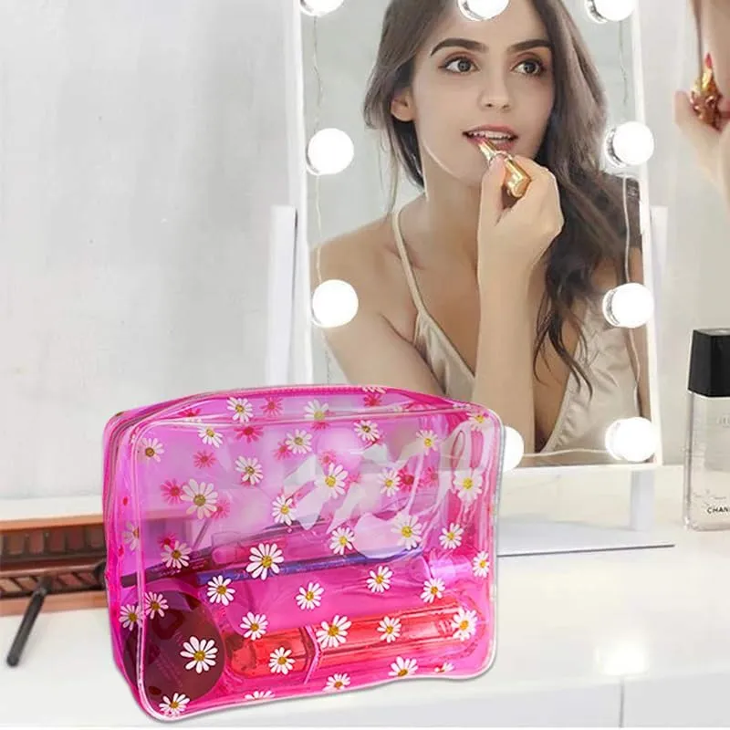 3PCS Pink Daisy Transparent Cosmetic Bag and Travel Pouch-Durable PVC Material,Versatile,Zipper Design for Smooth Sliding-Ideal for Makeup,Travel Essentials