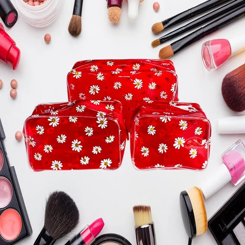 3PCS Pink Daisy Transparent Cosmetic Bag and Travel Pouch-Durable PVC Material,Versatile,Zipper Design for Smooth Sliding-Ideal for Makeup,Travel Essentials
