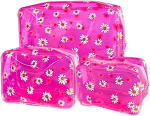 3PCS Pink Daisy Transparent Cosmetic Bag and Travel Pouch-Durable PVC Material,Versatile,Zipper Design for Smooth Sliding-Ideal for Makeup,Travel Essentials
