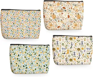 4PCs Flower Carden Cat Rabbit Makeup Bag Botanical Blossom Floral Cosmetic Bag Boss Day Mothers Day Christmas Friendship Gifts for Women Girls Mom Sister Friends Zipper Pouch Travel Toiletry Bag