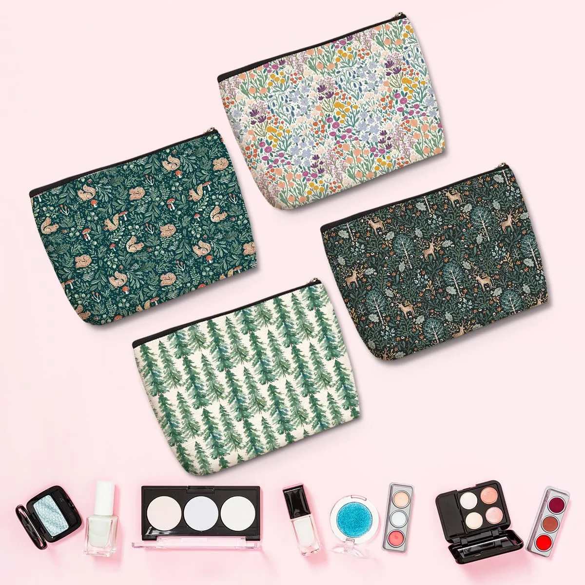 4PCs Vintage Flowers Makeup Bag Forest Deer Squirrel Botanical Cosmetic Bag Boss Day Mothers Day Christmas Friendship Gifts for Women Girls Daughter Sister Friends Zipper Pouch Travel Toiletry Bag