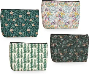 4PCs Vintage Flowers Makeup Bag Forest Deer Squirrel Botanical Cosmetic Bag Boss Day Mothers Day Christmas Friendship Gifts for Women Girls Daughter Sister Friends Zipper Pouch Travel Toiletry Bag