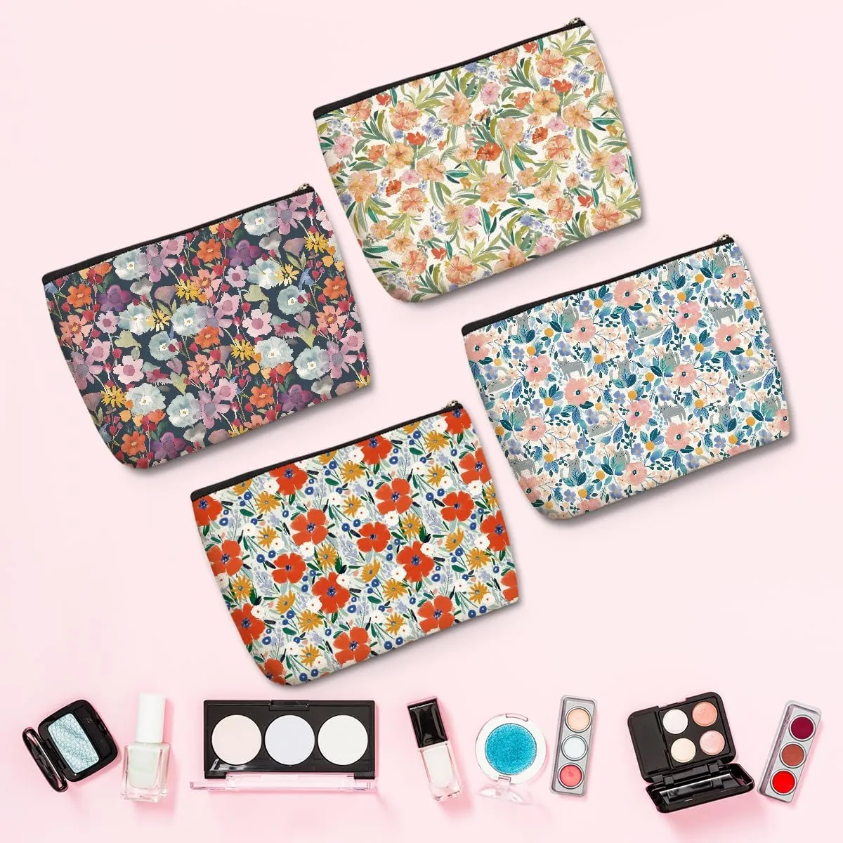 4PCs Watercolor Flowers Makeup Bag Botanical Blossom Floral Cat Cosmetic Bag Boss Day Mothers Day Christmas Friendship Gifts for Women Girls Grandma Mom Sister Friends Zipper Pouch Travel Toiletry Bag
