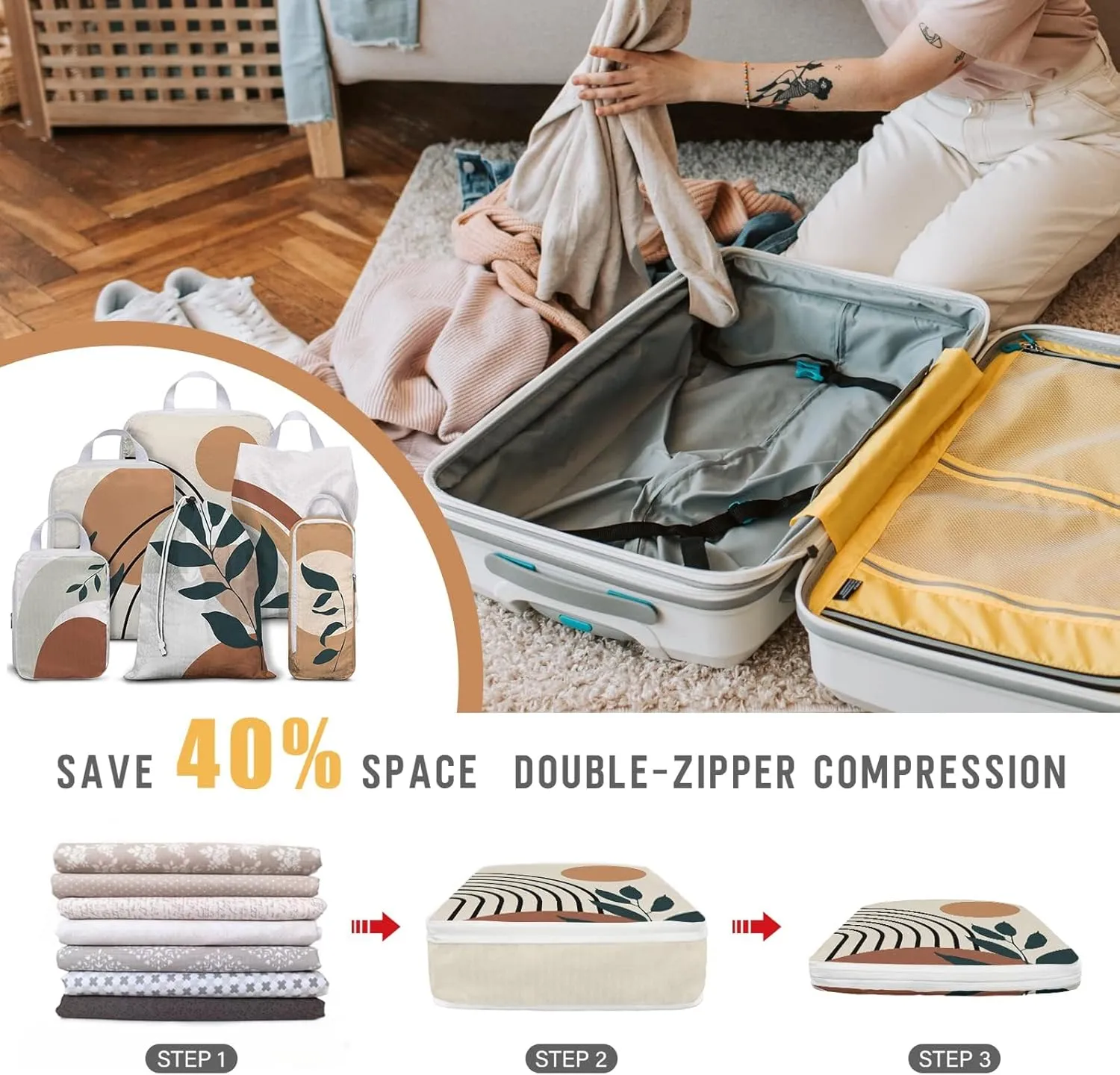 6 Set Boho Compression Packing Cubes Compressed Storage Bags for Carry on Suitcases Packaging Luggage Bags Organizers for Travel