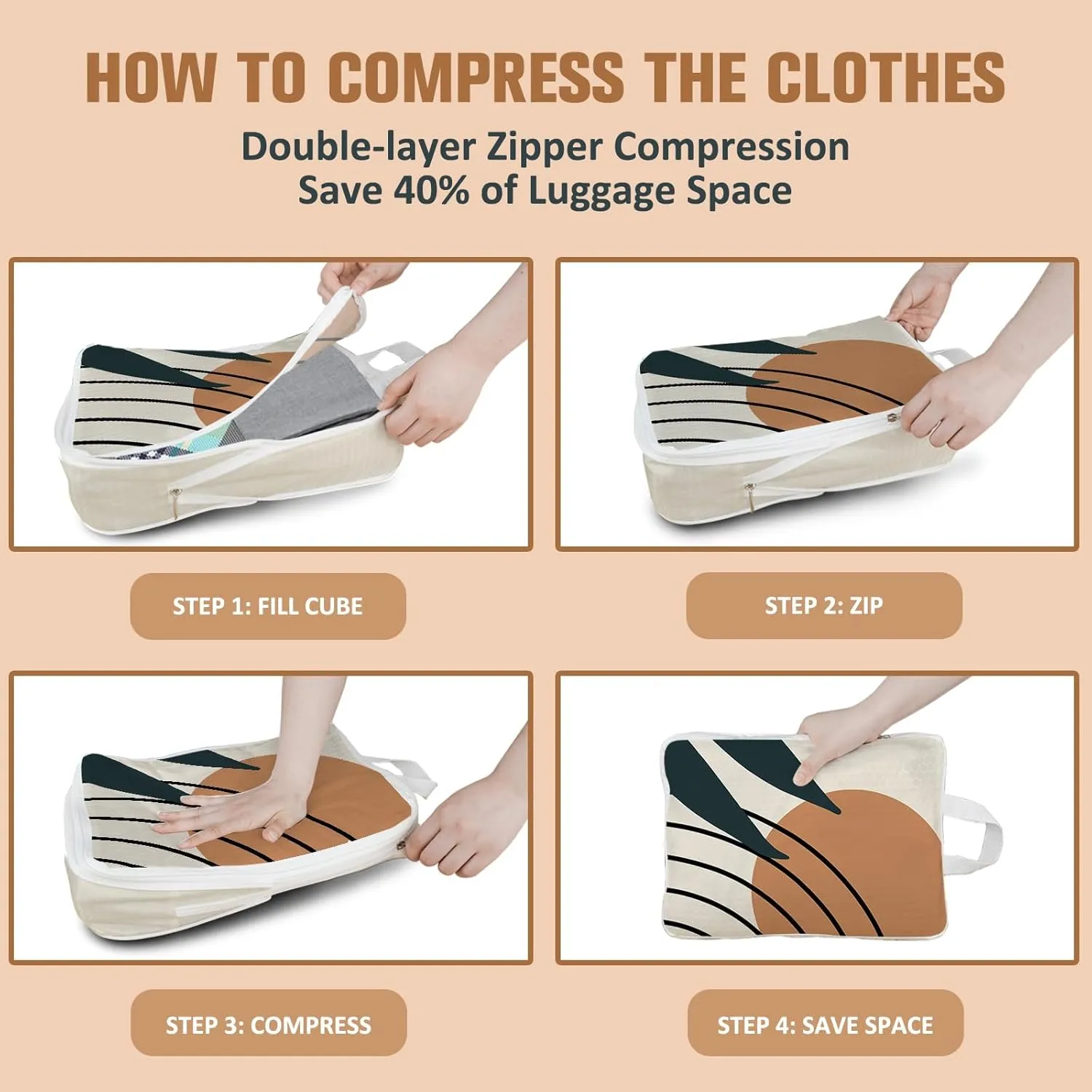 6 Set Boho Compression Packing Cubes Compressed Storage Bags for Carry on Suitcases Packaging Luggage Bags Organizers for Travel