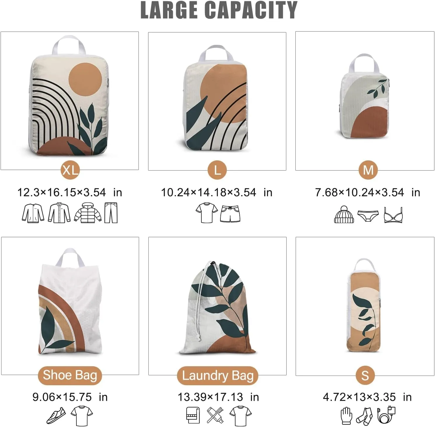 6 Set Boho Compression Packing Cubes Compressed Storage Bags for Carry on Suitcases Packaging Luggage Bags Organizers for Travel