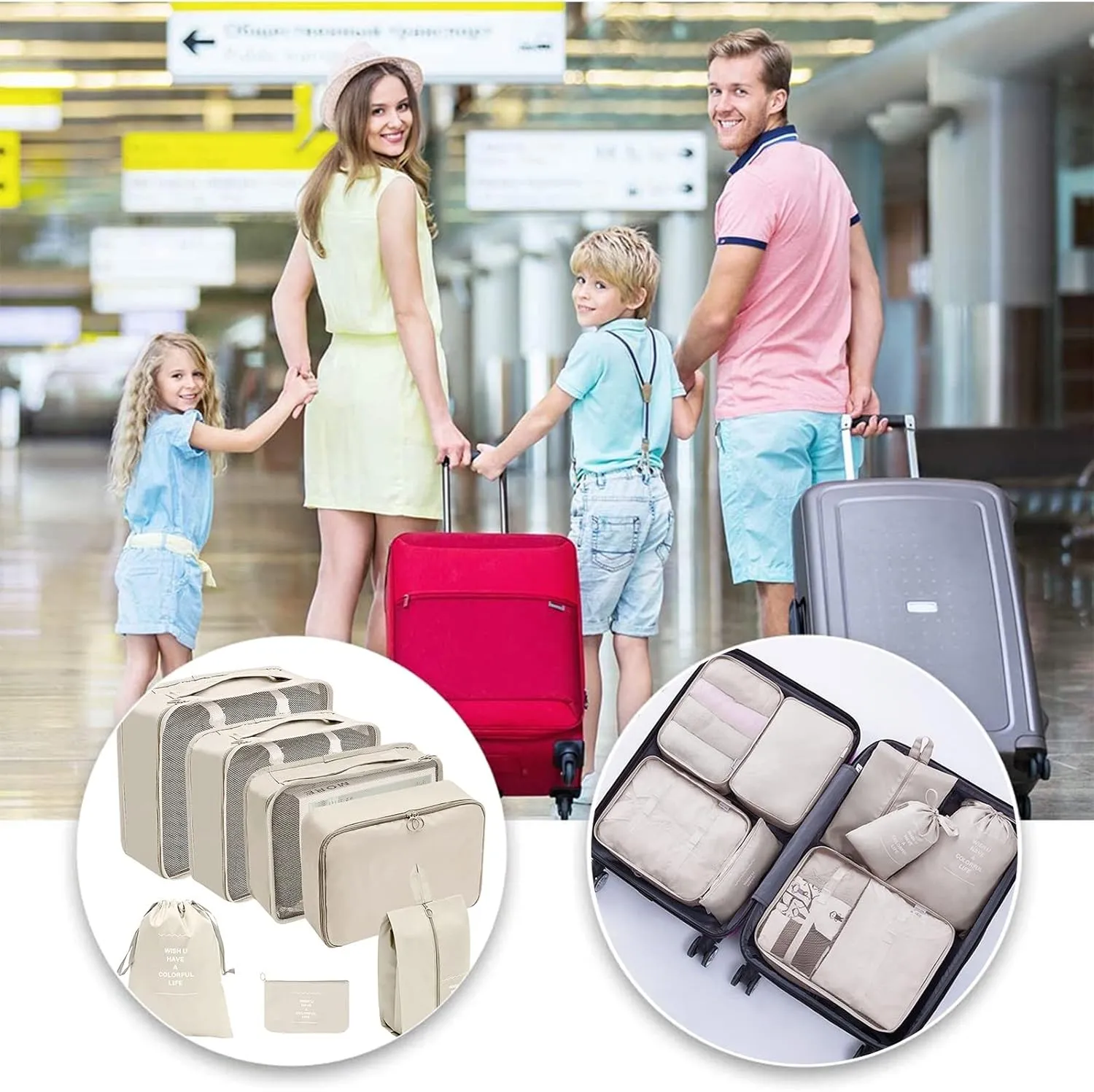 7PCS Packing Cubes for Travel, Travel Cubes Set Foldable Suitcase Organizer Lightweight Luggage Storage Bag Luggage Packing Organizers (Beige)