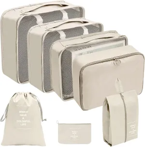 7PCS Packing Cubes for Travel, Travel Cubes Set Foldable Suitcase Organizer Lightweight Luggage Storage Bag Luggage Packing Organizers (Beige)