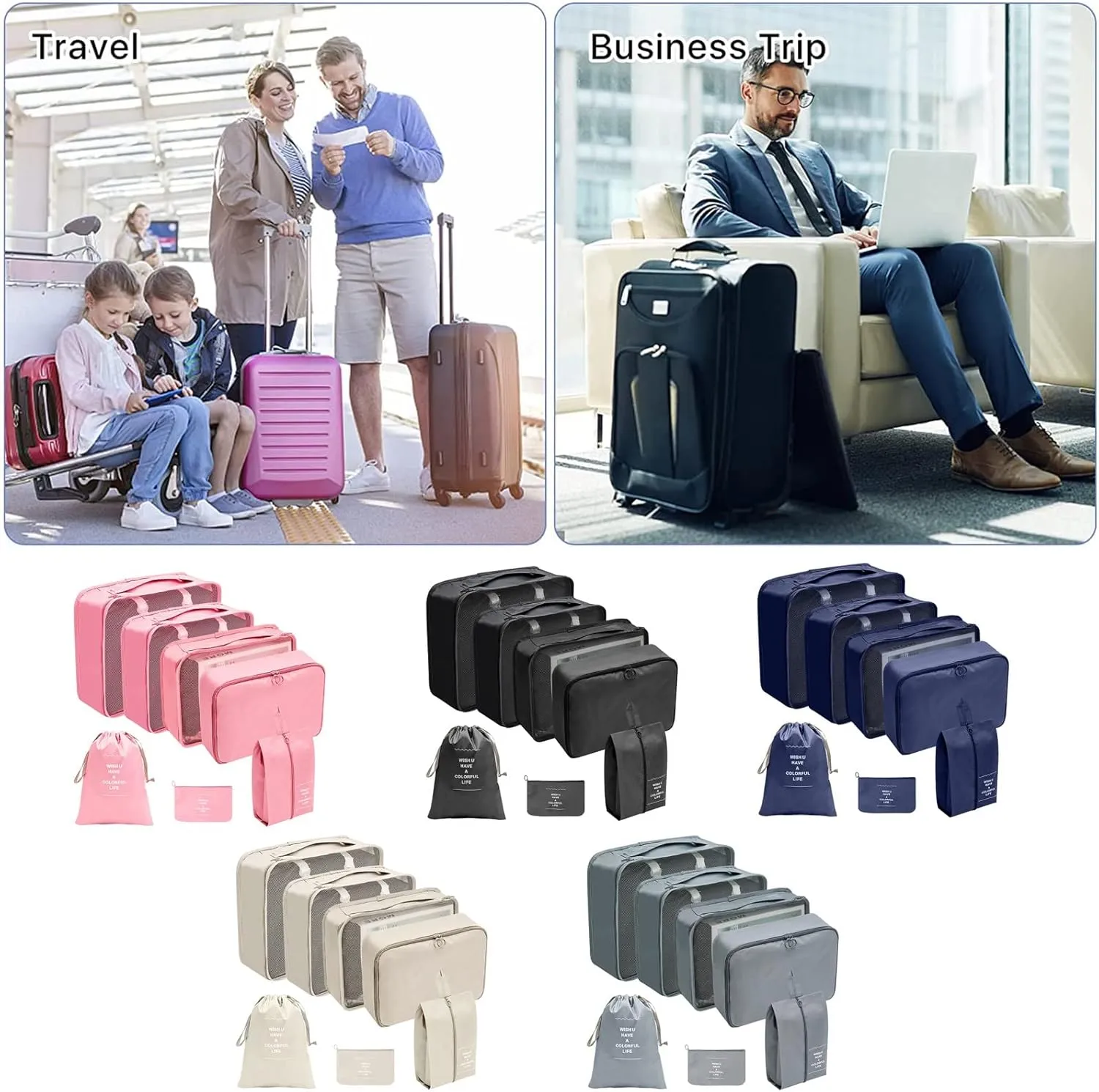 7PCS Packing Cubes for Travel, Travel Cubes Set Foldable Suitcase Organizer Lightweight Luggage Storage Bag Luggage Packing Organizers (Beige)