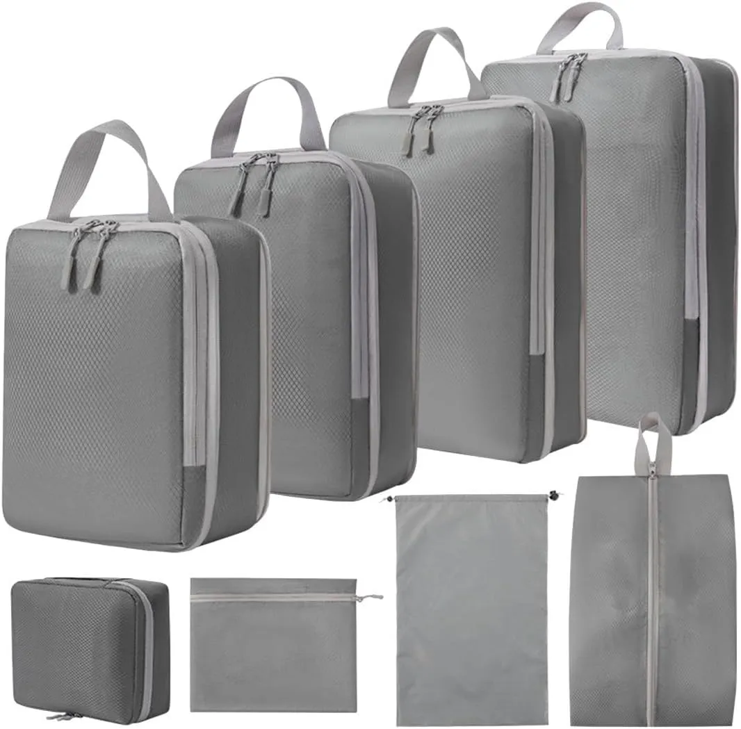 8 Set Compression Packing Cubes for Suitcases,Travel Essentials, Lightweight Luggage Travel Organizer Bags, Expandable Travel Cubes for Carry-on Suitcases (8pcs,Grey)