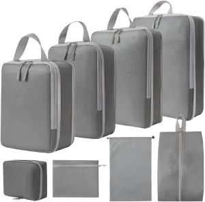 8 Set Compression Packing Cubes for Suitcases,Travel Essentials, Lightweight Luggage Travel Organizer Bags, Expandable Travel Cubes for Carry-on Suitcases (8pcs,Grey)
