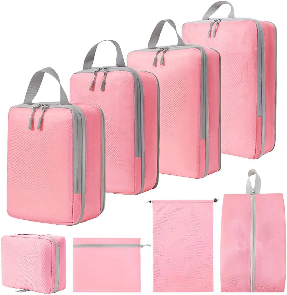 8 Set Compression Packing Cubes for Suitcases,Travel Essentials, Lightweight Luggage Travel Organizer Bags, Expandable Travel Cubes for Carry-on Suitcases (8pcs,Pink)