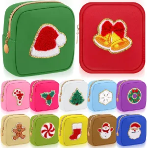 Abbylike 12 Pieces Christmas Preppy Patch Cute Cosmetic Bags Skincare Toiletry Bags Mini Chenille Nylon Bag Xmas Small Zipper Makeup Bag Coin Purse Preppy Things for Travel Women Girls Gift
