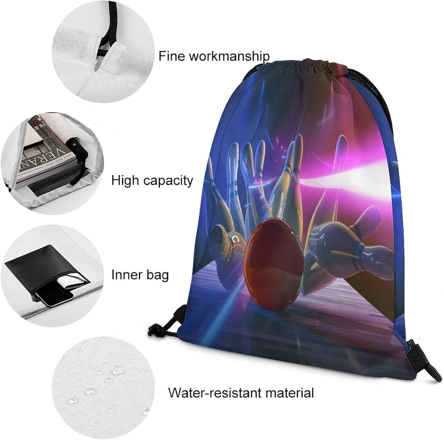 Abstract Game Bowling Ball Drawstring Bags Drawstring Backpack Casual Knapsack Gym Bag