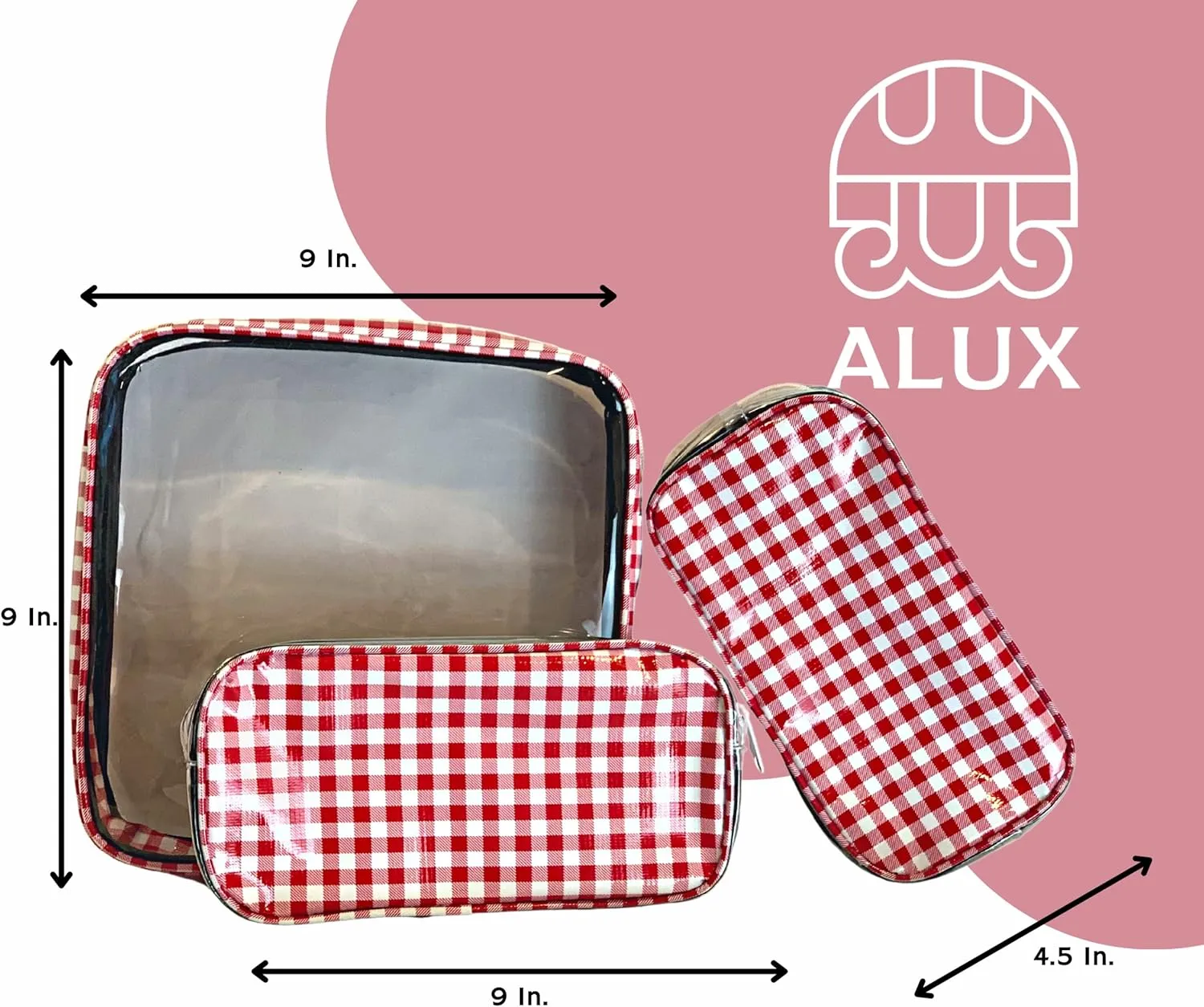 Alux 3-Pc Travel Makeup Bags for Women; Multi-Color, Chic and Stylish Travel Toiletry Bag Set; Large and Medium Makeup Bags for Vanity and Luggage and Small Makeup Bag for Purse - Gingham Red