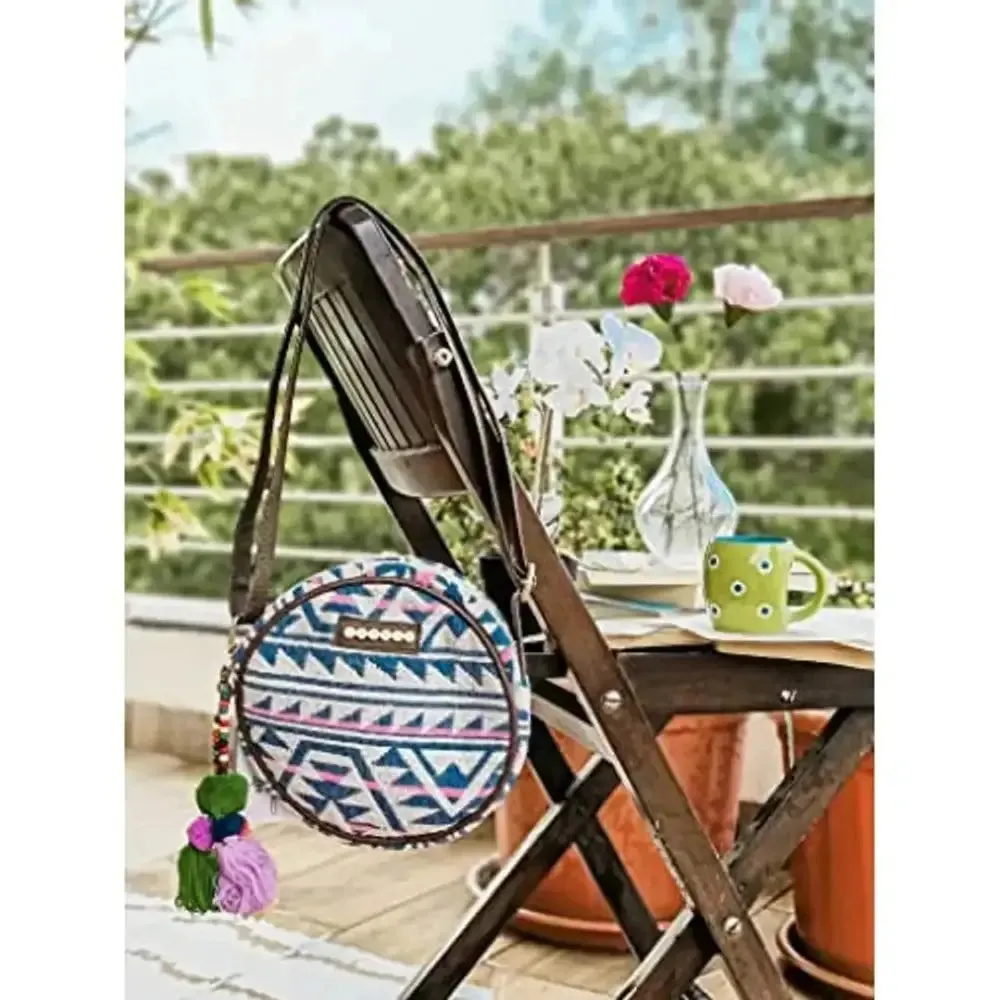 ASTRID Round Sling Bag With Pompoms For Girls And Women (multicolor)