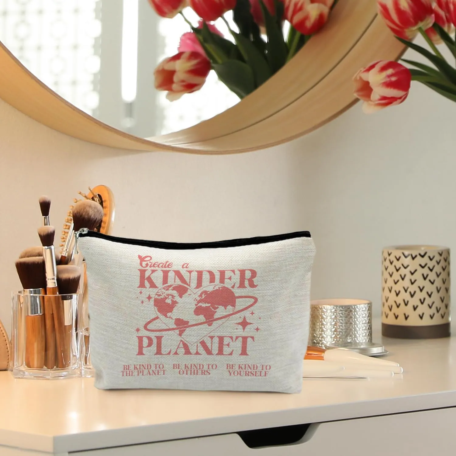 Be Kind to Yourself Inspirational Makeup Bag, Self Love Mental Health Matters Cosmetic Bag, Positive Encouragement Gifts for Women, Aesthetic Retro Pink Makeup Pouch