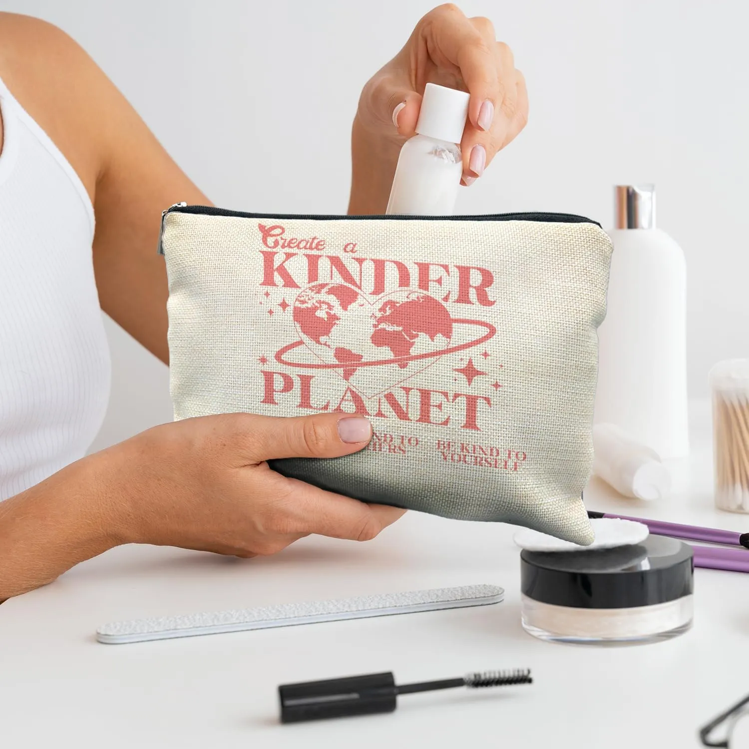 Be Kind to Yourself Inspirational Makeup Bag, Self Love Mental Health Matters Cosmetic Bag, Positive Encouragement Gifts for Women, Aesthetic Retro Pink Makeup Pouch