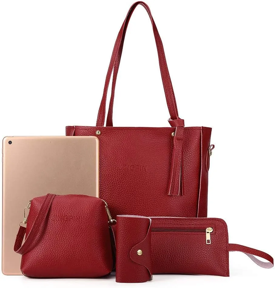 Beach Tote Bag 4 Packet Leather Solid Color Handbags Shoulder Bags Crossbody Hobo Bags Card Purse Work Travel Essential E
