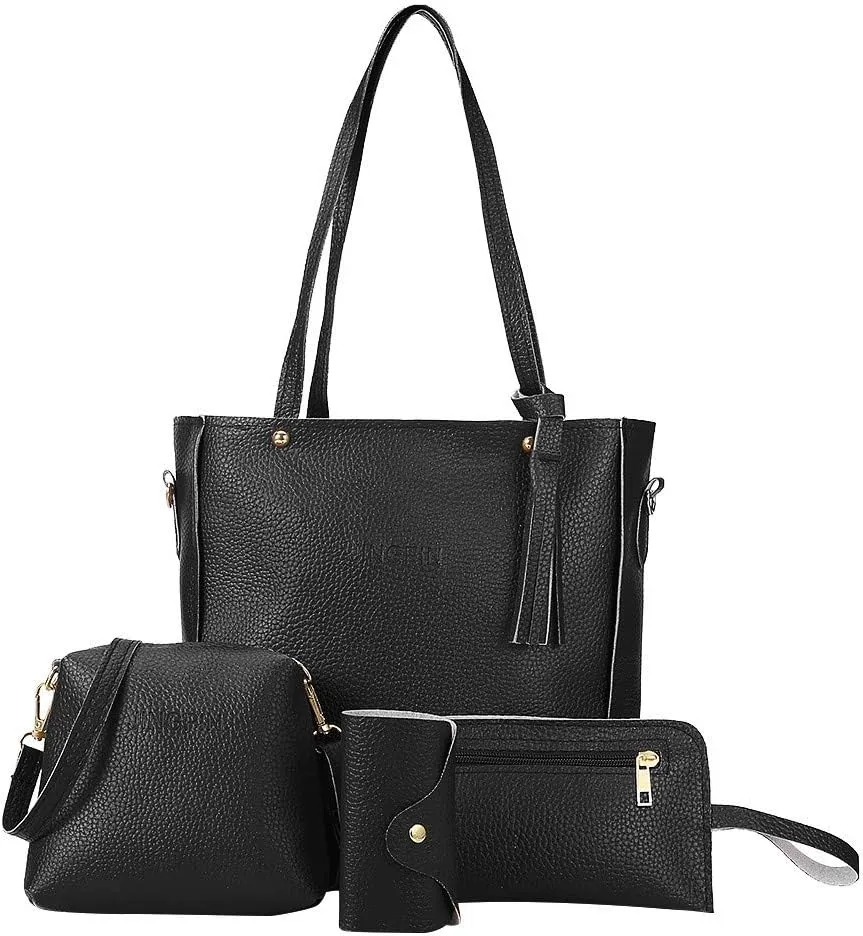 Beach Tote Bag 4 Packet Leather Solid Color Handbags Shoulder Bags Crossbody Hobo Bags Card Purse Work Travel Essential Z