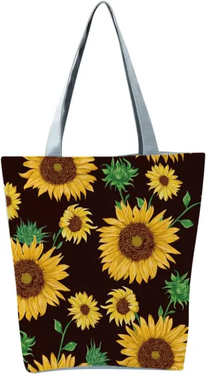 Beach Tote Bag Sunflower Printed Canvas Women's Casual Large Zippered Shoulder Bag For Outdoor Beach Travel Essential O