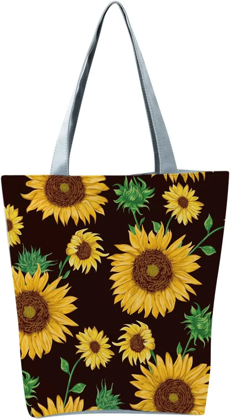 Beach Tote Bag Sunflower Printed Canvas Women's Casual Large Zippered Shoulder Bag For Outdoor Beach Travel Essential O