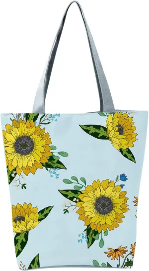 Beach Tote Bag Sunflower Printed Canvas Women's Casual Large Zippered Shoulder Bag For Outdoor Beach Travel Essential O