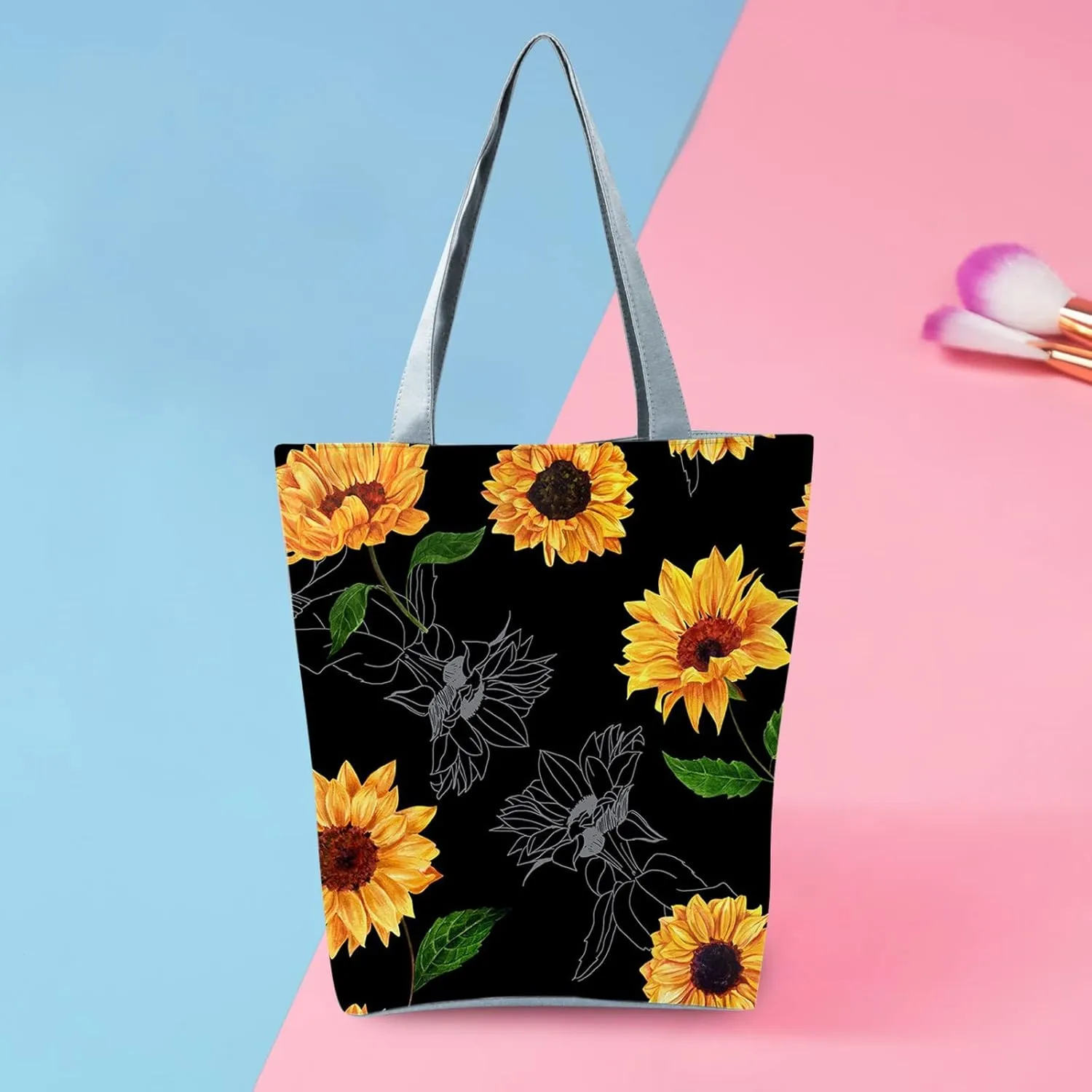 Beach Tote Bag Sunflower Printed Canvas Women's Casual Large Zippered Shoulder Bag For Outdoor Beach Travel Essential O