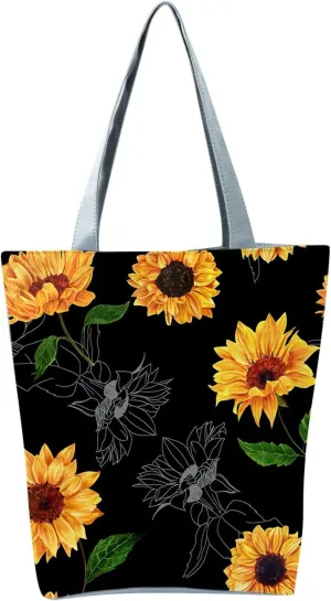 Beach Tote Bag Sunflower Printed Canvas Women's Casual Large Zippered Shoulder Bag For Outdoor Beach Travel Essential O