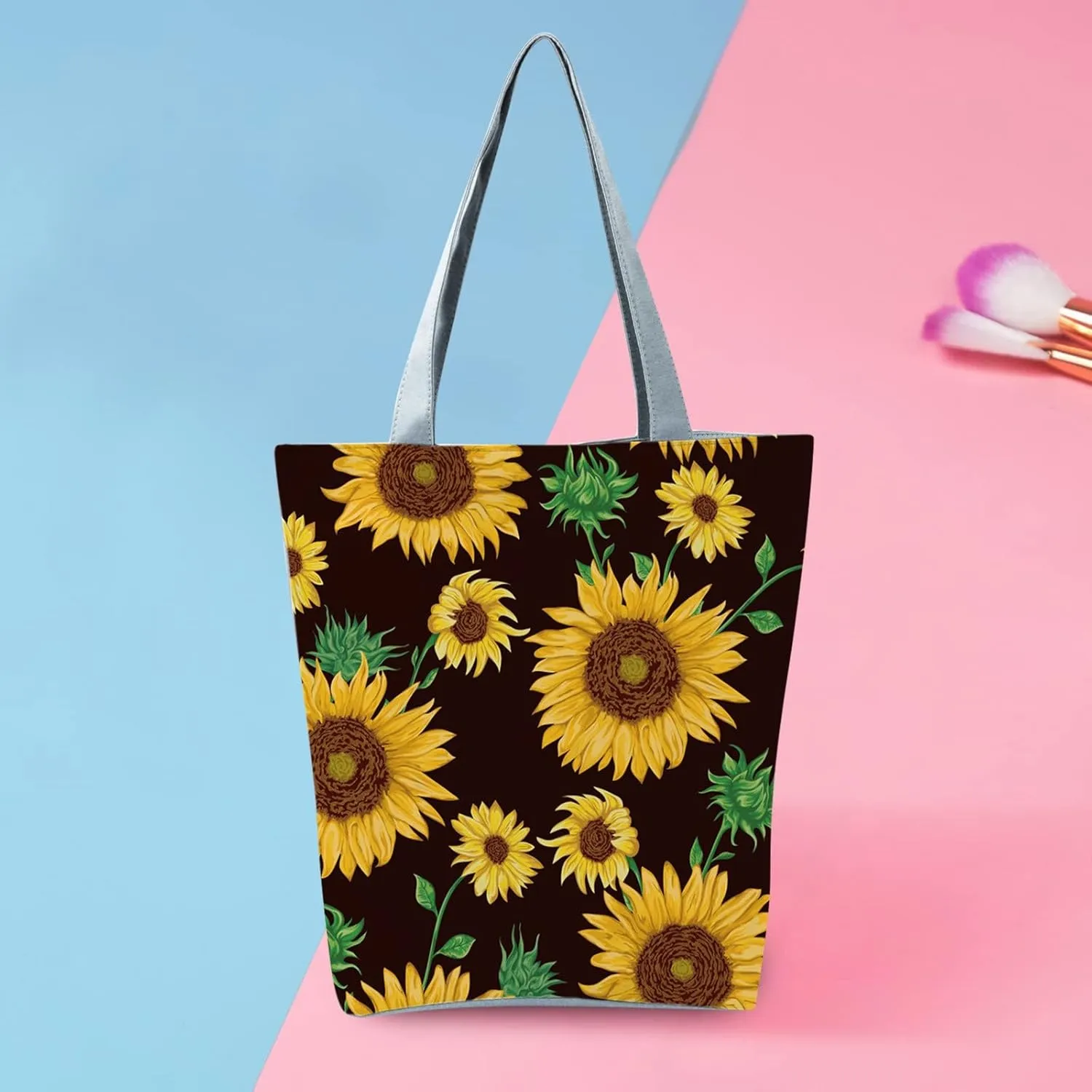Beach Tote Bag Sunflower Printed Canvas Women's Casual Large Zippered Shoulder Bag For Outdoor Beach Travel Essential O