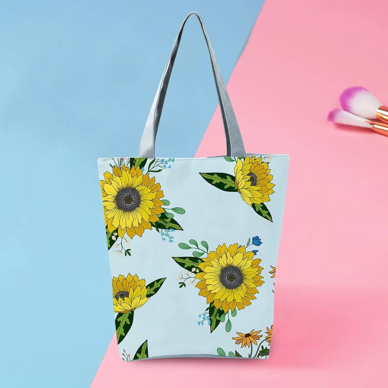 Beach Tote Bag Sunflower Printed Canvas Women's Casual Large Zippered Shoulder Bag For Outdoor Beach Travel Essential O