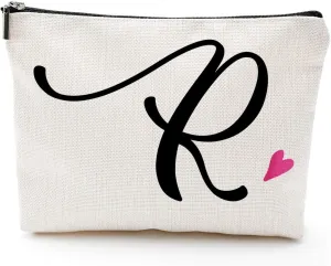 Blue Leaves R Initial Monogram Personalized Travel Makeup Bag,Cosmetic Bag Gifts with Zipper Waterproof(Makeup bag-Letter R)