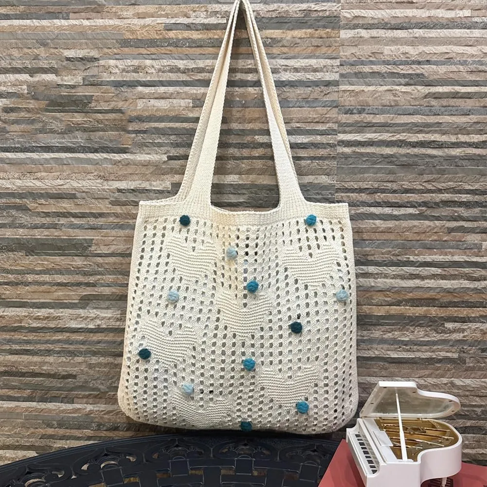 Bohemian Crochet Beach Bag Women 2025 Summer Knit Hobo Purse Shoulder Bag with Colored Beads Casual Tote Handbags