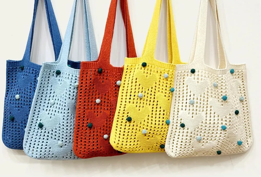 Bohemian Crochet Beach Bag Women 2025 Summer Knit Hobo Purse Shoulder Bag with Colored Beads Casual Tote Handbags